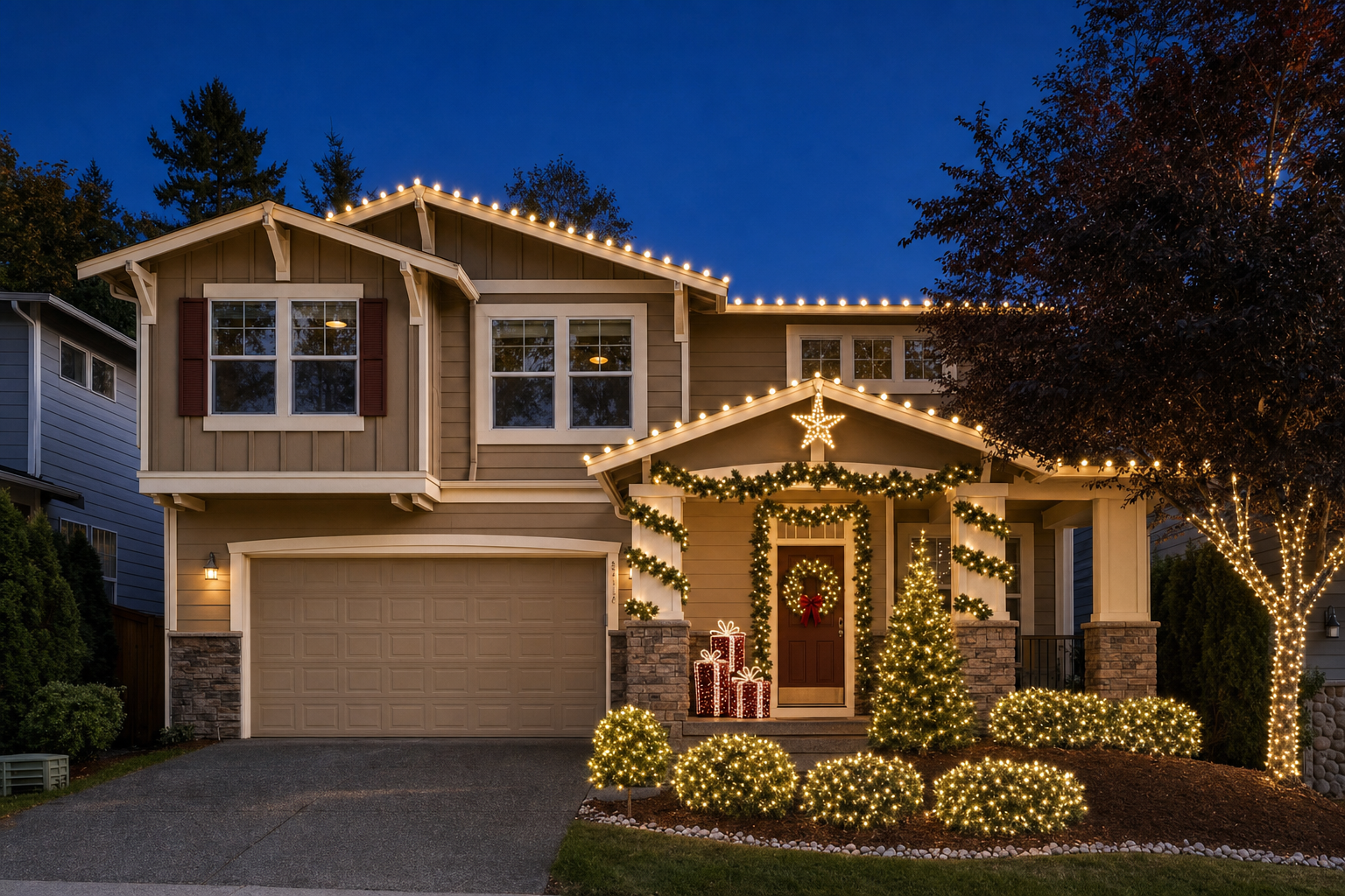 Showcase Designer output with roofline lights, garlands, a star, and illuminated trees